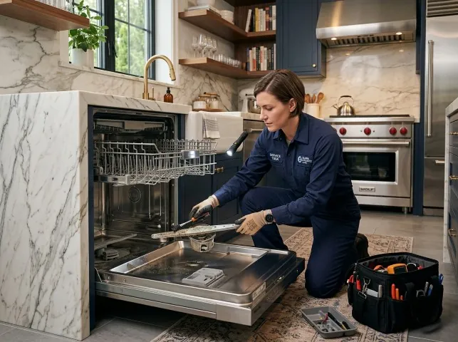 Appliance Repair Hero technician servicing a built-in dishwasher in a Boca Grande, FL kitchen