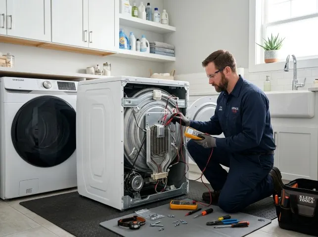 Appliance Repair Hero technician checking a dryer heating element with the rear panel off in Boca Grande, FL
