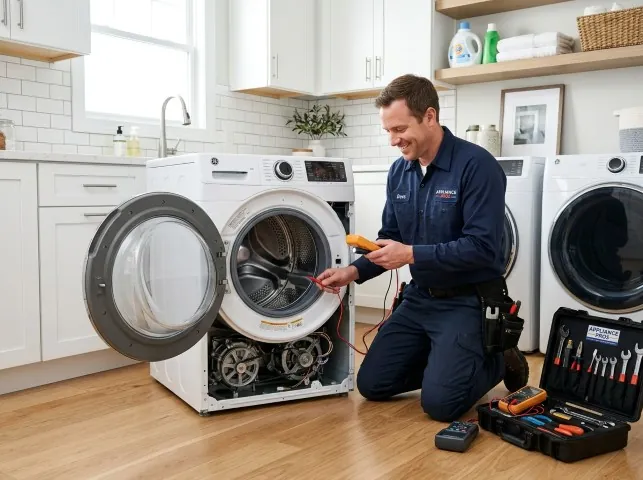 Appliance Repair Hero technician testing a front-load washer with a multimeter on a Boca Grande, FL service call